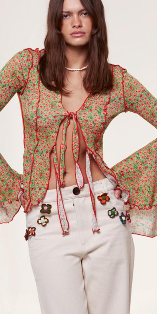  SIEDRÉS 블라우스 SiedrÉs Zee 플루티드 슬리브 타이 프런트 셔츠 멀티 - OTHER BRANDS