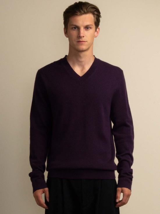  퓨어 캐시미어 엔와이씨 긴팔 티셔츠 Purecashmere Nyc 남성 V넥 스웨터 딥 퍼플