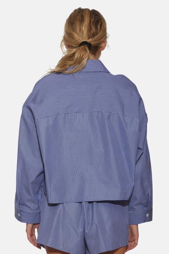  The Tile Club 긴팔 티셔츠 타일 클럽 갠셋 팝린 크롭 셔츠 네이비/화이트 핀스트라이프 - THE TILE CLUB