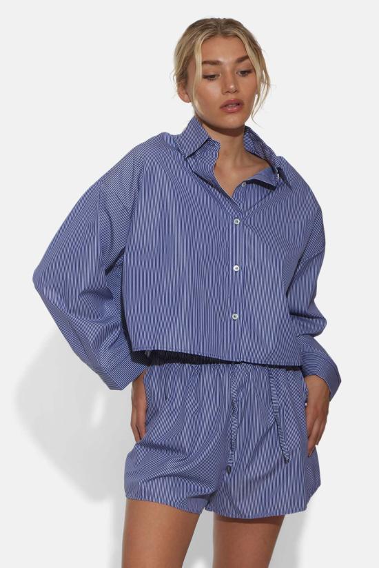  The Tile Club 긴팔 티셔츠 타일 클럽 갠셋 팝린 크롭 셔츠 네이비/화이트 핀스트라이프 - THE TILE CLUB