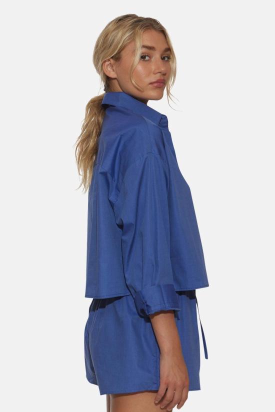  더 타일 클럽 셔츠 타일 클럽 갠셋 팝린 크롭 셔츠 다크 샴브레이 - THE TILE CLUB