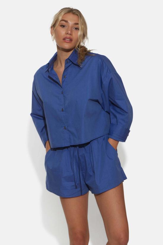  더 타일 클럽 셔츠 타일 클럽 갠셋 팝린 크롭 셔츠 다크 샴브레이 - THE TILE CLUB