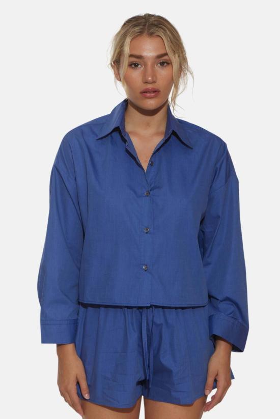  더 타일 클럽 셔츠 타일 클럽 갠셋 팝린 크롭 셔츠 다크 샴브레이