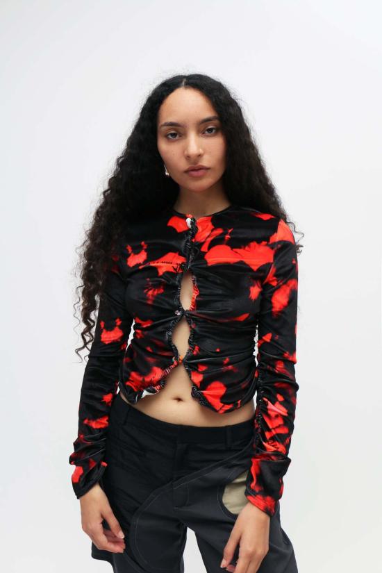  Lucille Thièvre 가디건 루실 티에브르 프린트 벨벳 저지 카디건 레드/블랙 - OTHER BRANDS