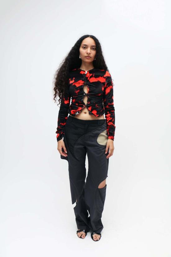  Lucille Thièvre 가디건 루실 티에브르 프린트 벨벳 저지 카디건 레드/블랙