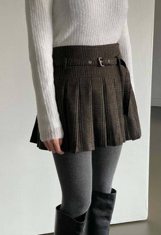  더 엔케이씨 스토어 숏 스커트 Nkc 루니 플리츠 플레드 울 스커트 다크 브라운