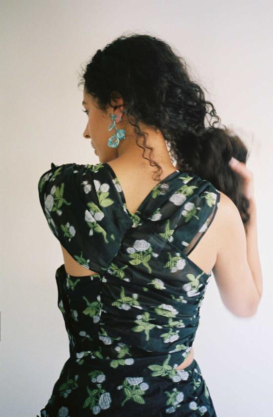  유한왕 민소매 티셔츠 Yuhan Wang 플로럴 자카드 주름 장식 탑 - YUHAN WANG