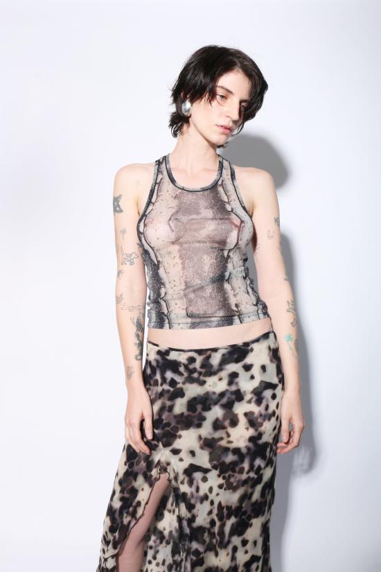  프리스카베라 민소매 티셔츠 스네이크 메시 탱크탑 스네이크 프린트