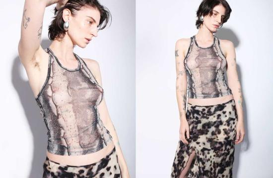  프리스카베라 민소매 티셔츠 스네이크 메시 탱크탑 스네이크 프린트 - PRISCAVERA