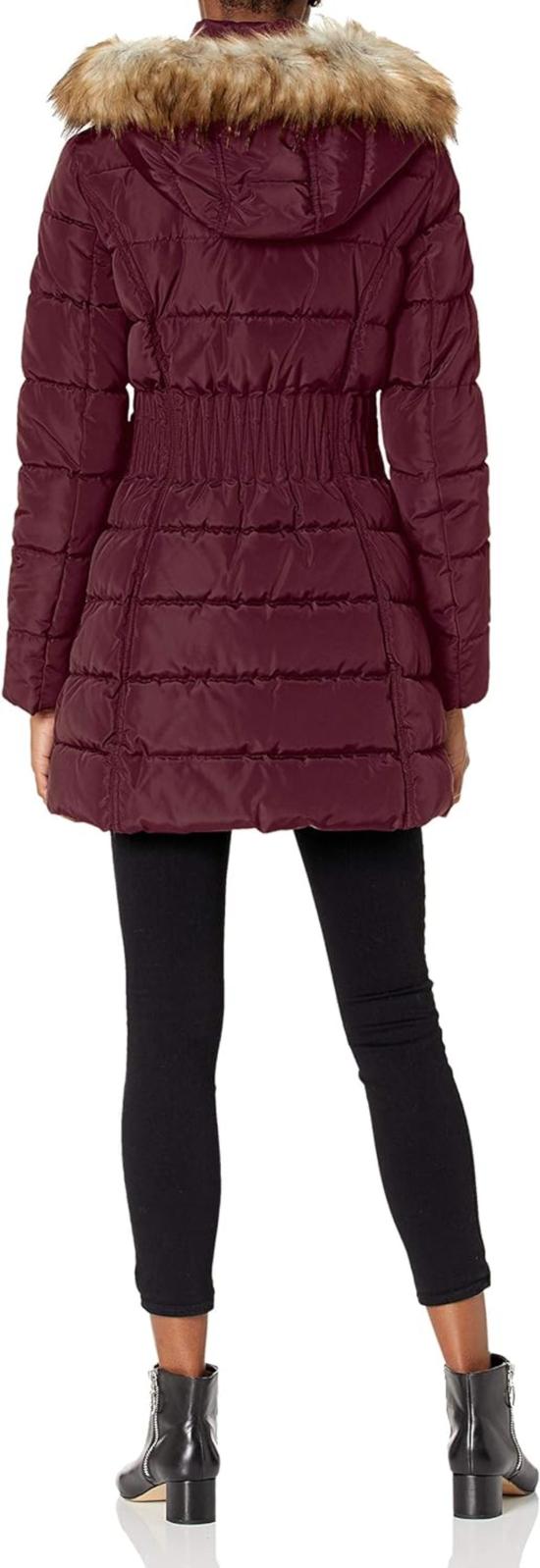  Laundry by Shelli Segal 코트 셸리 세갈 3/4 퍼퍼 지그재그 신치 허리 가짜 모피 후드  버건디 세탁 - OTHER BRANDS