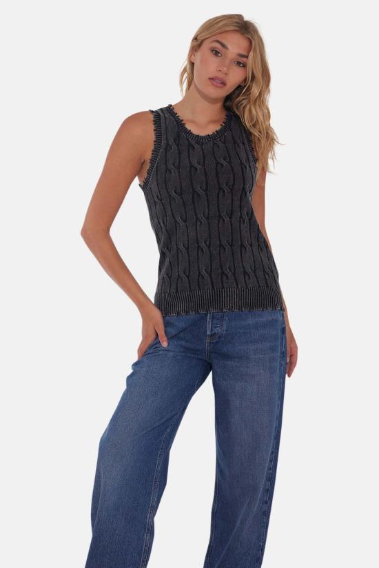  블루&크림 민소매 티셔츠 스톤워시 디스트레스 케이블 탱크 블랙 - BLUE&CREAM