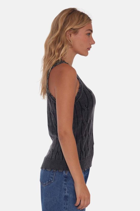  블루&크림 민소매 티셔츠 스톤워시 디스트레스 케이블 탱크 블랙 - BLUE&CREAM