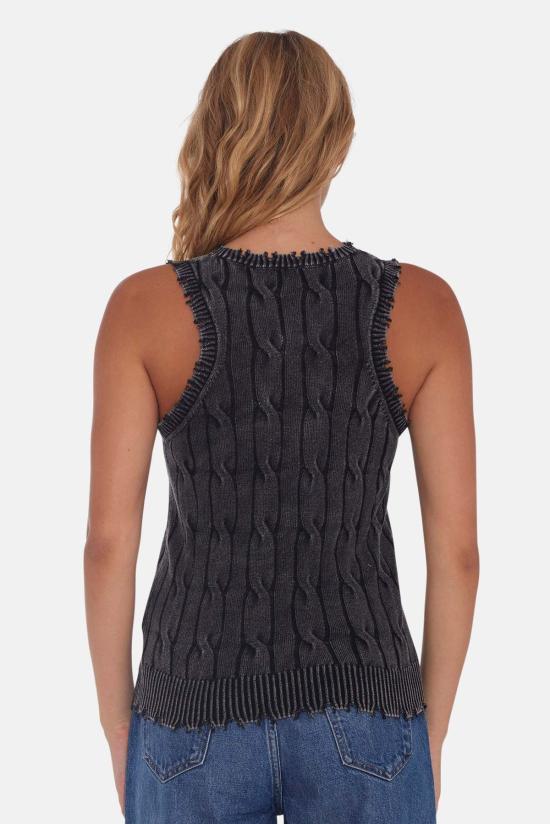  블루&크림 민소매 티셔츠 스톤워시 디스트레스 케이블 탱크 블랙 - BLUE&CREAM