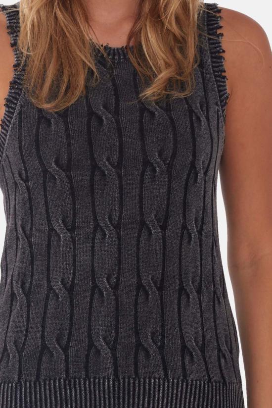  블루&크림 민소매 티셔츠 스톤워시 디스트레스 케이블 탱크 블랙 - BLUE&CREAM