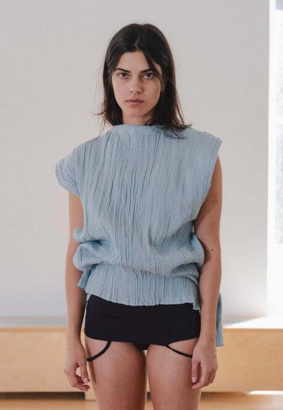  베이스레인지 반팔 티셔츠 맥스 탑 크링클 리넨 우시 블루 - BASERANGE