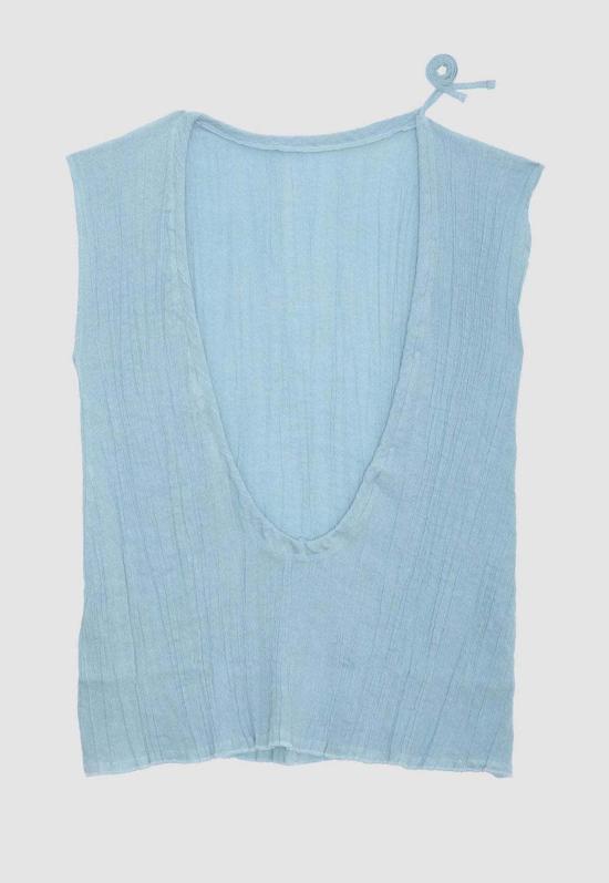  베이스레인지 반팔 티셔츠 맥스 탑 크링클 리넨 우시 블루 - BASERANGE