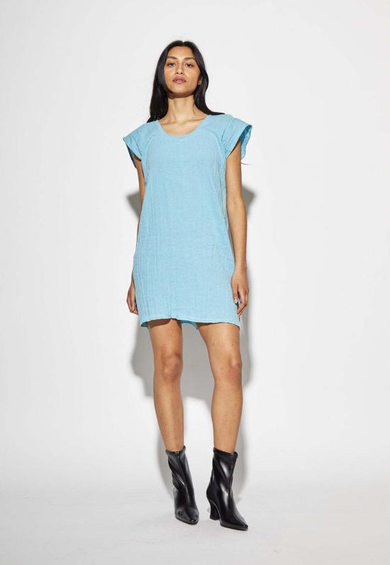  베이스레인지 반팔 티셔츠 맥스 탑 크링클 리넨 우시 블루 - BASERANGE