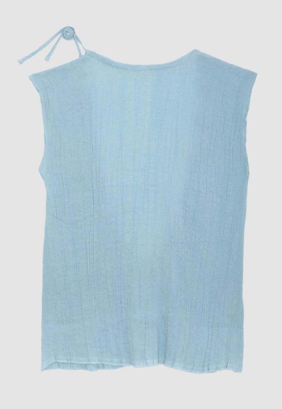  베이스레인지 반팔 티셔츠 맥스 탑 크링클 리넨 우시 블루 - BASERANGE