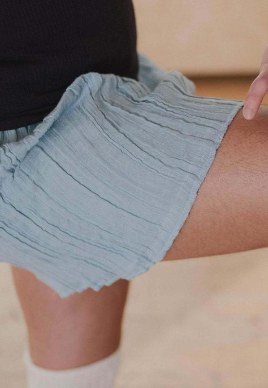  베이스레인지 반팔 티셔츠 맥스 탑 크링클 리넨 우시 블루 - BASERANGE