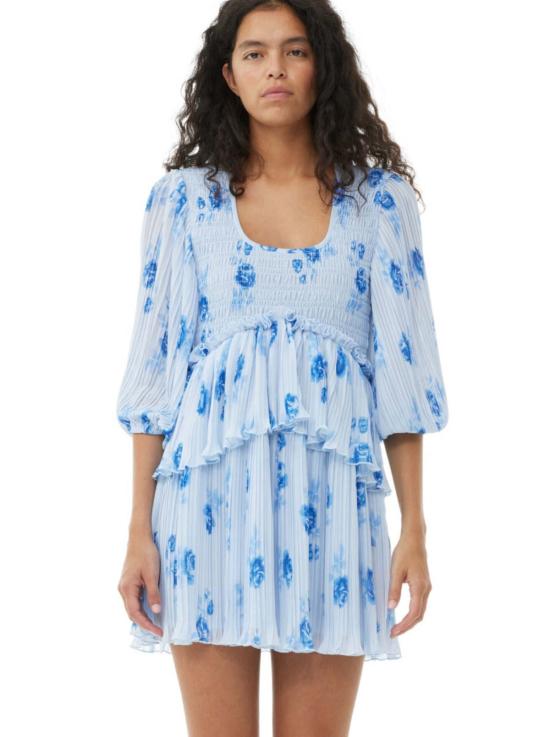  가니 숏 원피스 플리츠 조젯 플라운스 스모크 미니 드레스 헤더 - GANNI