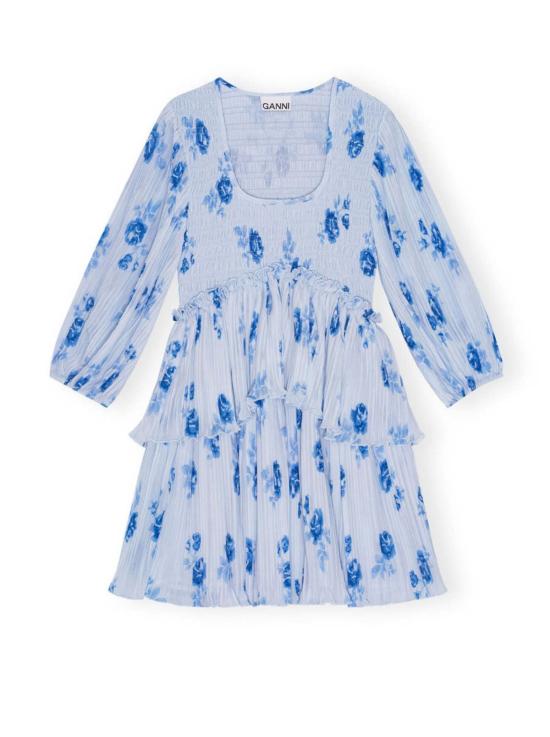  가니 숏 원피스 플리츠 조젯 플라운스 스모크 미니 드레스 헤더 - GANNI