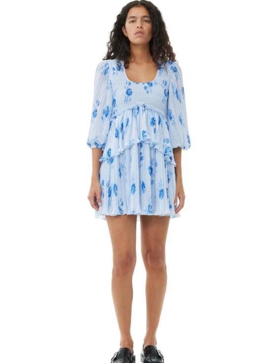  가니 숏 원피스 플리츠 조젯 플라운스 스모크 미니 드레스 헤더