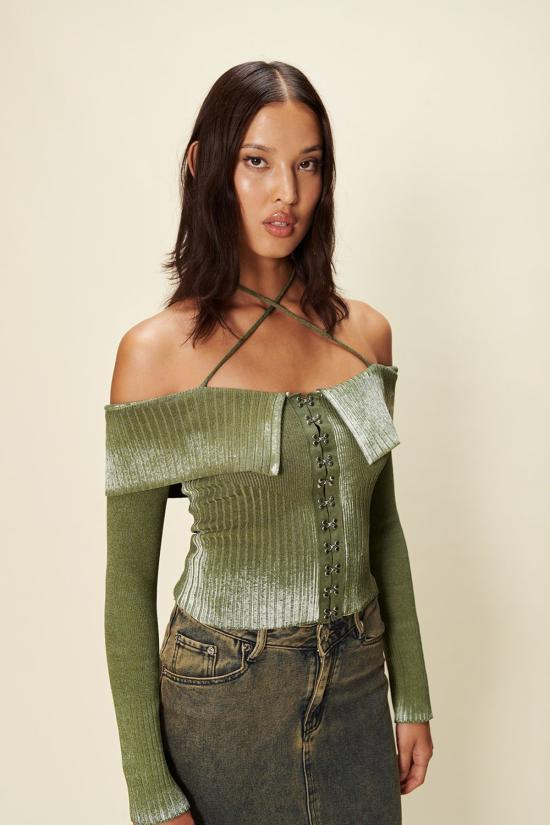  하우스오브써니 긴팔 티셔츠 하우스 오브 서니 오프 더 숄더 페이드 니트 모스 - HOUSE OF SUNNY