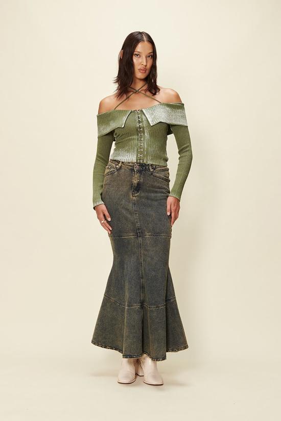  하우스오브써니 긴팔 티셔츠 하우스 오브 서니 오프 더 숄더 페이드 니트 모스