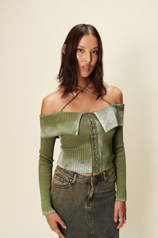  하우스오브써니 긴팔 티셔츠 하우스 오브 서니 오프 더 숄더 페이드 니트 모스 - HOUSE OF SUNNY