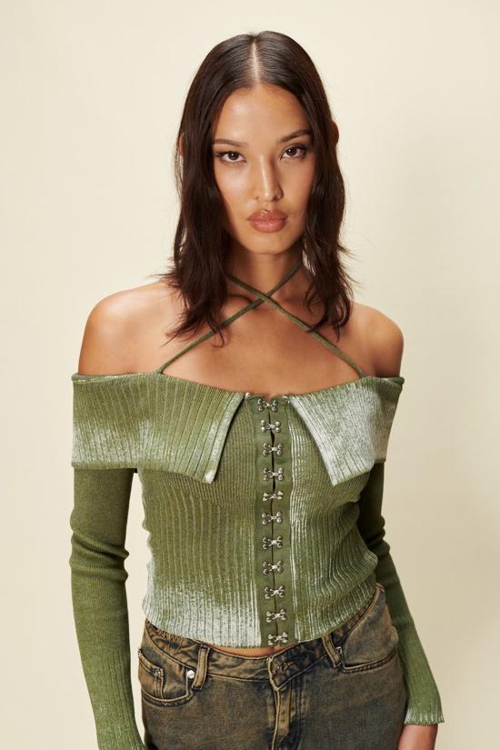  하우스오브써니 긴팔 티셔츠 하우스 오브 서니 오프 더 숄더 페이드 니트 모스 - HOUSE OF SUNNY