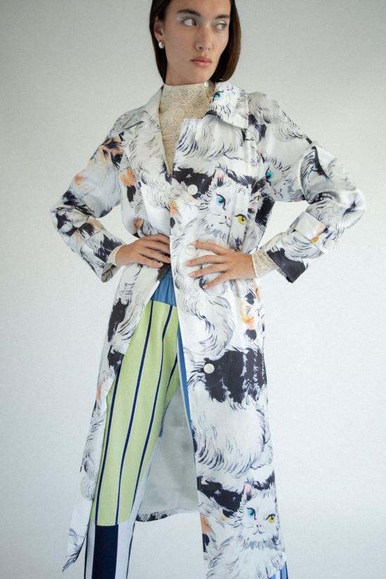  유한왕 트렌치 코트 고양이 프린트 코트 프린트 - YUHAN WANG