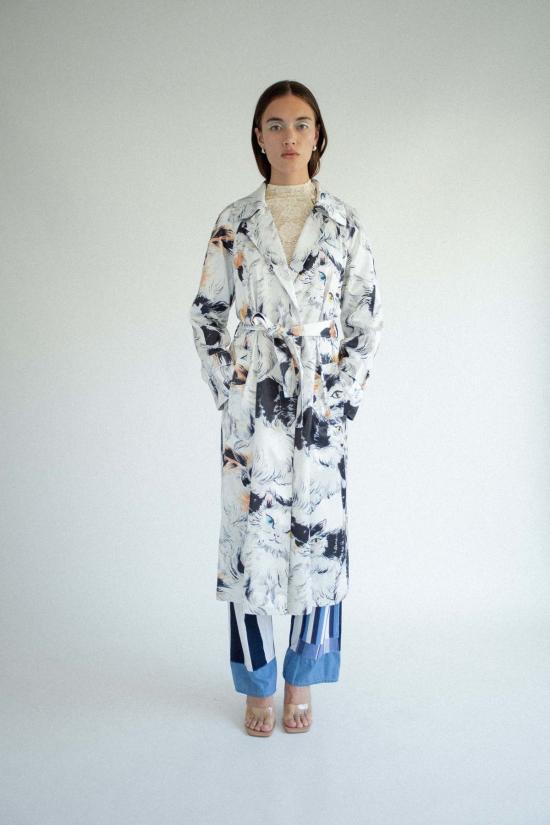  유한왕 트렌치 코트 고양이 프린트 코트 프린트