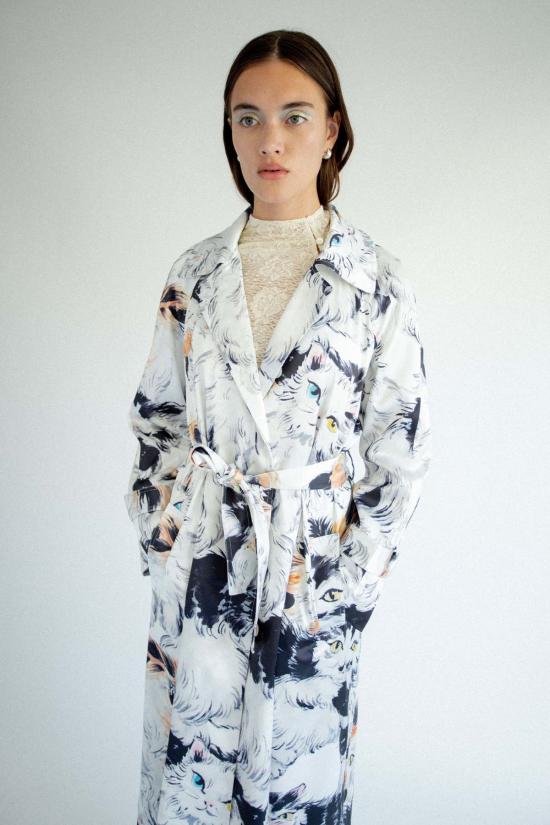  유한왕 트렌치 코트 고양이 프린트 코트 프린트 - YUHAN WANG