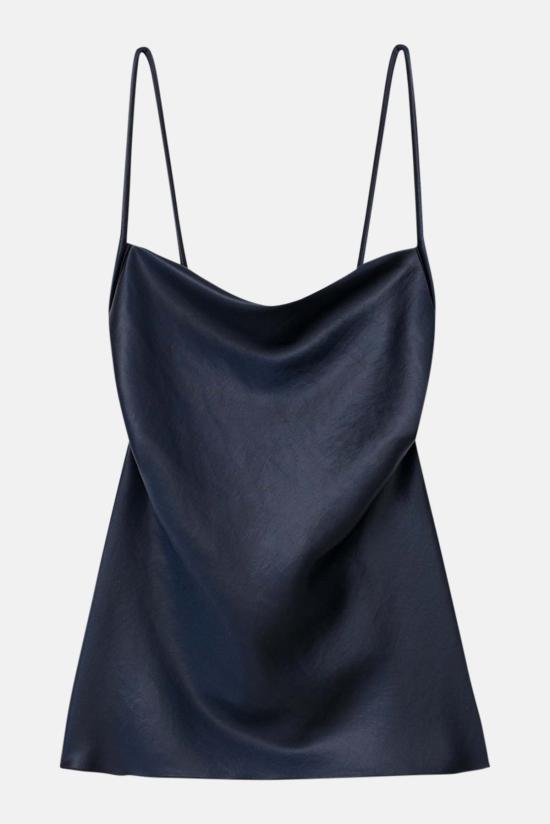 나누슈카 민소매 티셔츠 Nanushka Neza 글로시 새틴 로프 스트랩 딥 컷 캐미솔 네이비