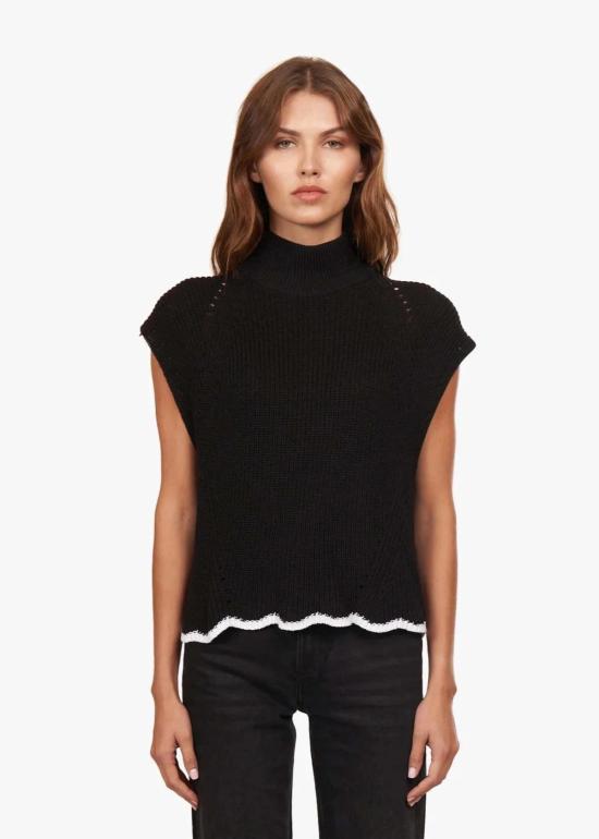  어텀 캐시미어 베스트 오텀 캐시미어 슬리브리스 팁 스캘럽 엣지 셰이커 모크 블랙/블리치 화이트