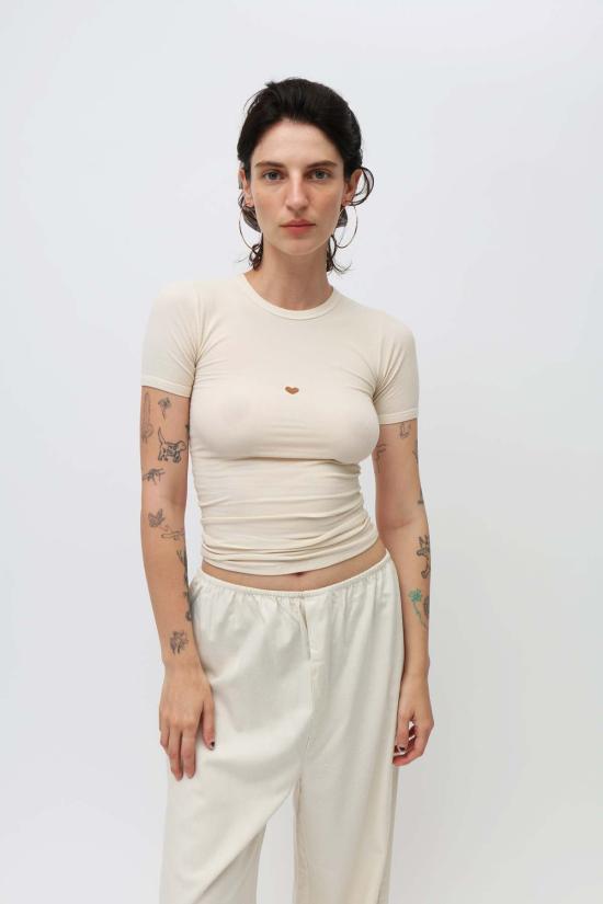  베이스레인지 민소매 티셔츠 언다이드 하트 반팔 크림 - BASERANGE