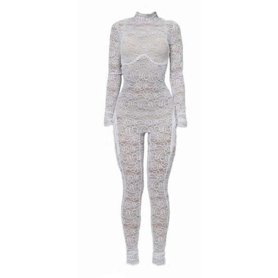  모노수트 바디수트 티셔츠 모노슈트 레이스 쉬어 롱슬리브 터틀넥 풀 바디수트 화이트 플로럴 - MONOSUIT