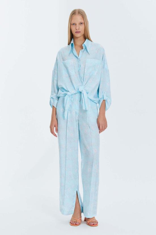  모노수트 스트레이트 팬츠 풀 렝스 하이 웨이스트 루즈핏 와이드 레그 텐셀 팬츠 블루 - MONOSUIT