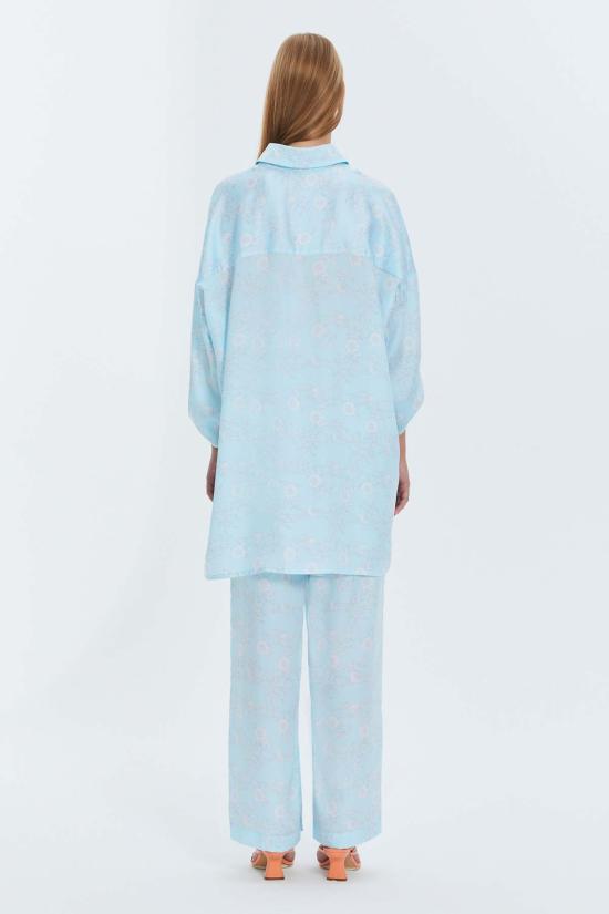  모노수트 스트레이트 팬츠 풀 렝스 하이 웨이스트 루즈핏 와이드 레그 텐셀 팬츠 블루 - MONOSUIT