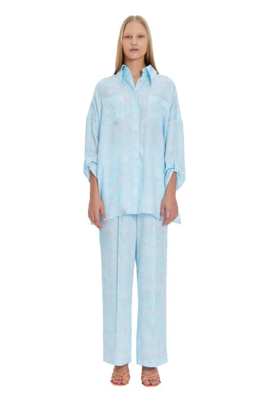  모노수트 스트레이트 팬츠 풀 렝스 하이 웨이스트 루즈핏 와이드 레그 텐셀 팬츠 블루