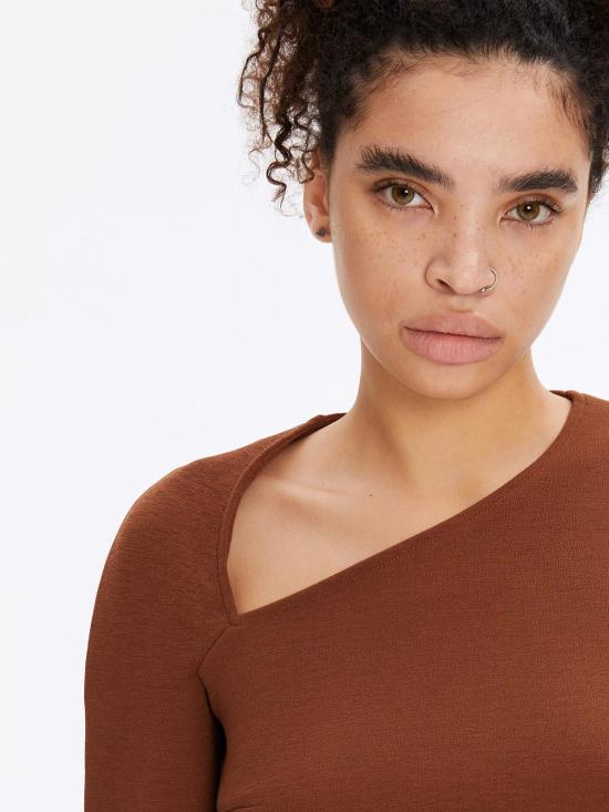  모노수트 롱 원피스 원 슬리브 비대칭 넥 바디콘 이브닝 미니멀리스트 미디 드레스 브라운 - MONOSUIT