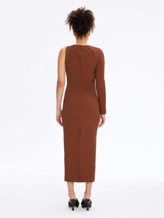  모노수트 롱 원피스 원 슬리브 비대칭 넥 바디콘 이브닝 미니멀리스트 미디 드레스 브라운 - MONOSUIT
