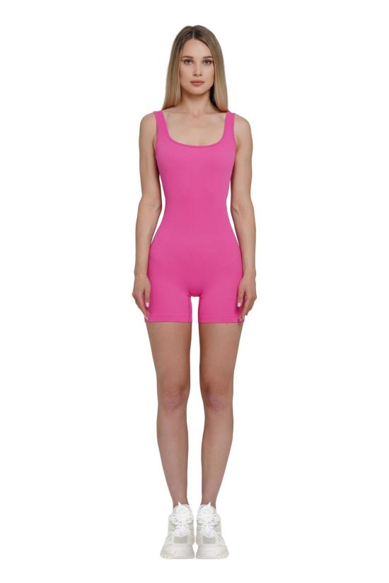  모노수트 숏팬츠 슬리브리스 스쿠프넥 운동 반바지 바디수트 핑크