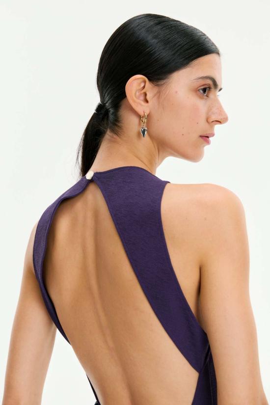  모노수트 롱 원피스 슬리브리스 크루넥 백리스 레이스 벨티드 바디콘 이브닝 미디 드레스 바이올렛 - MONOSUIT