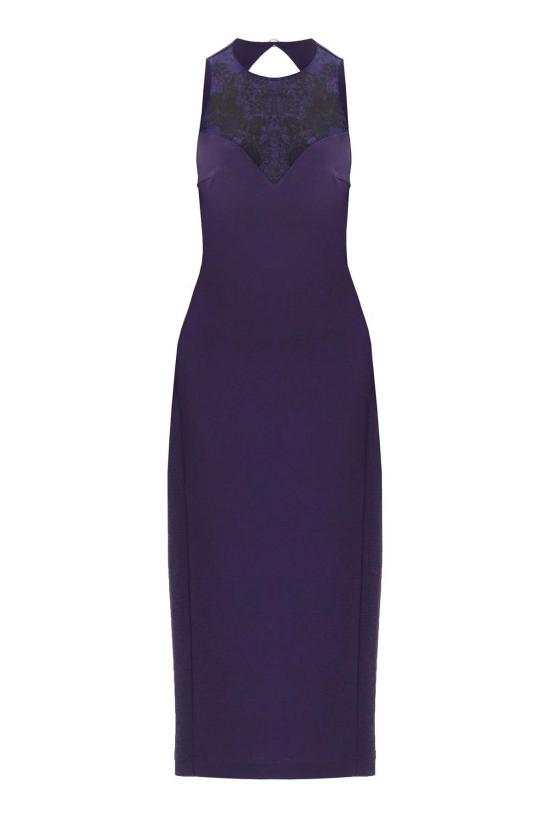  모노수트 롱 원피스 슬리브리스 크루넥 백리스 레이스 벨티드 바디콘 이브닝 미디 드레스 바이올렛 - MONOSUIT
