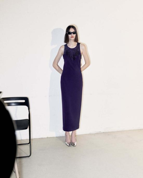  모노수트 롱 원피스 슬리브리스 크루넥 백리스 레이스 벨티드 바디콘 이브닝 미디 드레스 바이올렛 - MONOSUIT