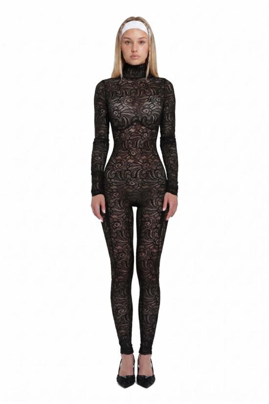  모노수트 바디수트 티셔츠 플로럴 레이스 롱슬리브 터틀넥 바디수트 블랙