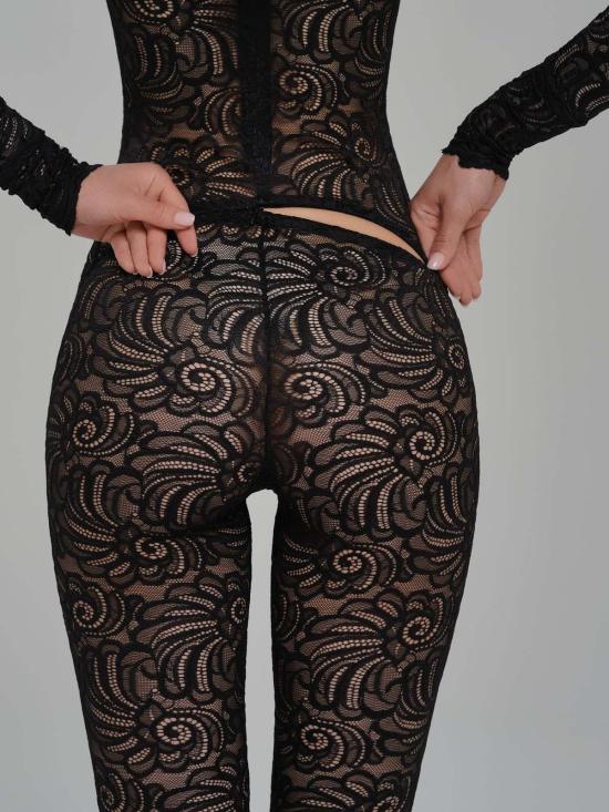  모노수트 바디수트 티셔츠 플로럴 레이스 롱슬리브 터틀넥 바디수트 블랙 - MONOSUIT