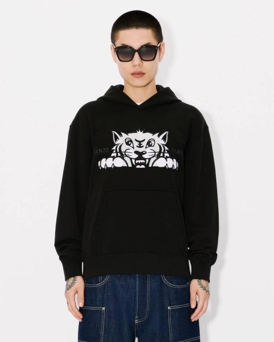 25SS 겐조 해피 타이거 자수 후드 티셔츠 FF55SW2644MF 99J Black - KENZO