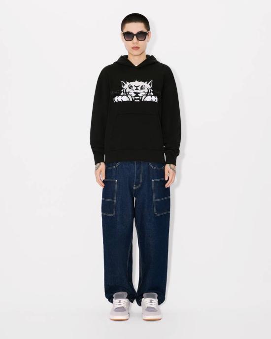 25SS 겐조 해피 타이거 자수 후드 티셔츠 FF55SW2644MF 99J Black - KENZO